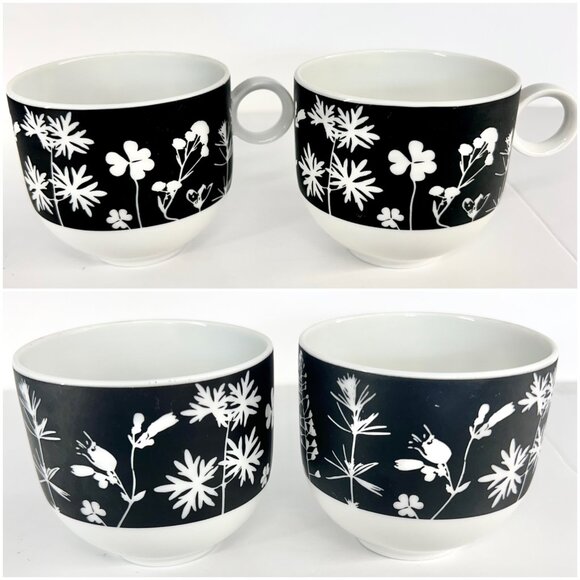 Franconia-Krautheim Candlelight 4 Pce Flat Porcelain Cup Saucer Set B/W Floral - Picture 2 of 13